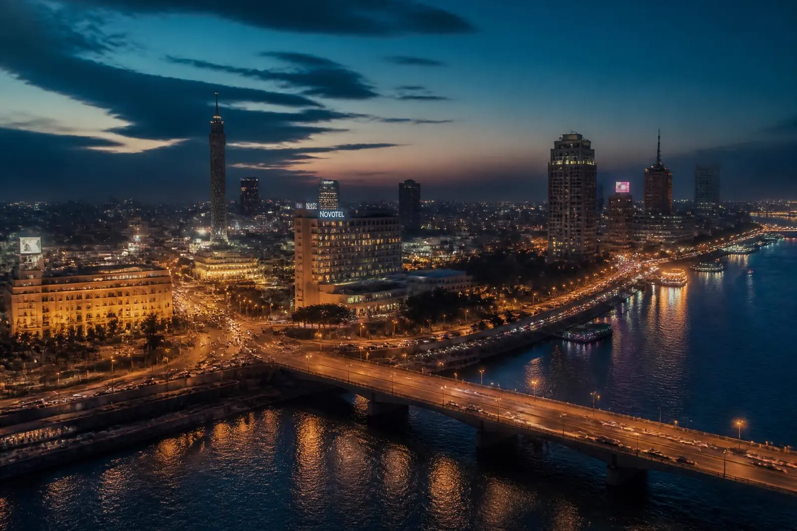 Downtown Cairo skyline at dusk near Tahrir Square and the Nile — Mohamed Ashraf Hosny Law Office Cairo